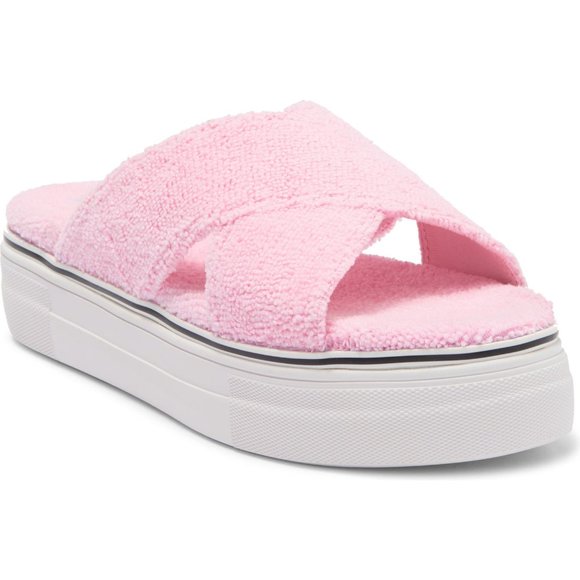 Steve Madden Rotation Sandals Crisscross Platflorm Slip On Pink Terry Size 8 NEW - Picture 1 of 7